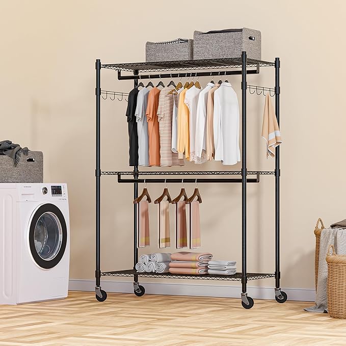 Homdox 3 Tier Heavy Duty Garment Rack with Wheels, Adjustable Wire Clothes Rack with Double Hanging Rods, Portable Closets for Hanging Clothes with Side Hooks, Black