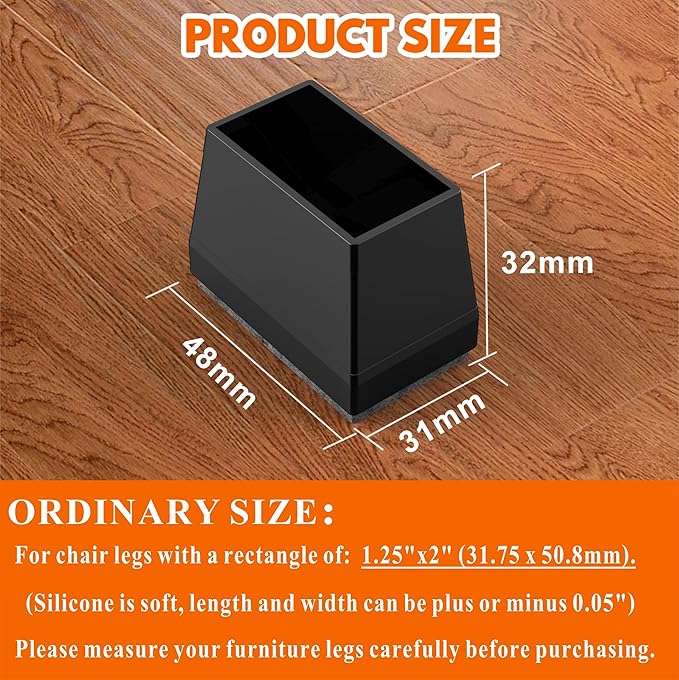 Rectangle Chair Leg Protectors for Hardwood Floors,16 PCS Silicone Covers to Protect Wood Tile Floors Felt Pads Furniture Leg Caps Reduce Noise. Easy to Move.(Black,1.25 x 2,Rectangular)