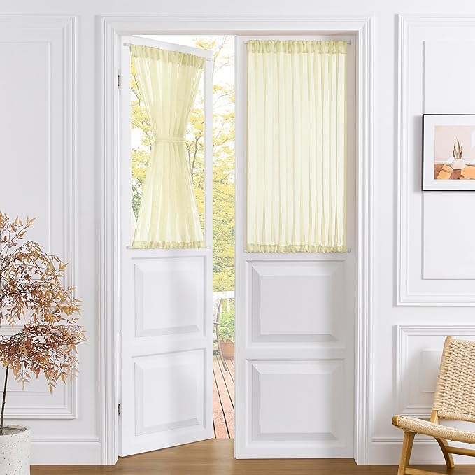 Tollpiz Short Sheer Door Curtain Closet Linen Textured Curtain Sheers Doorway Light Filtering Voile Patio Door Rod Pocket Curtains French Door, 54 x 54 inches Long, Transparent Yellow, Set of 1 Panel