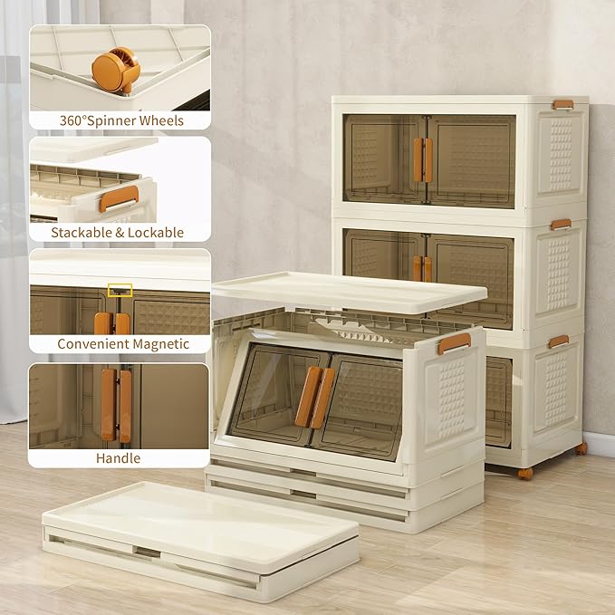 Plastic Stackable Storage Bins with Lids and Wheels, Foldable Closet Organizers and Storage Containers for Bathroom, Collapsible Clear Drawer Storage Cabinet with Doors White 38Gal 3Tiers