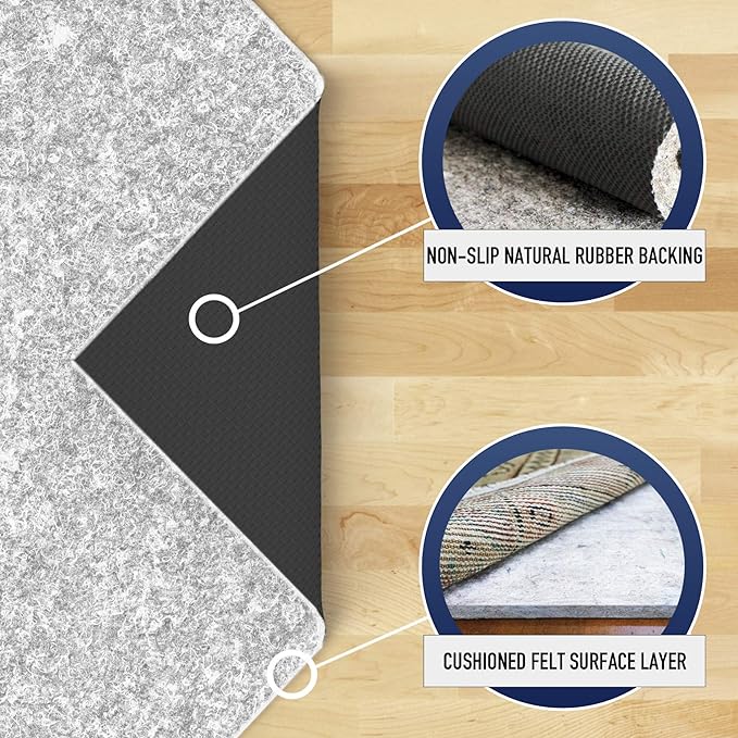RUGPADUSA - Dual Surface - 10'x14' - 1/4" Thick - Felt + Rubber - Non-Slip Backing Rug Pad - Safe for All Floors