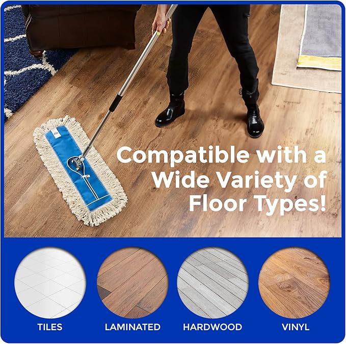 Nine Forty 48" Premium Cotton Dust Mop Kit - Heavy Duty Mop Head with Handle for Industrial, Commercial, and Residential Cleaning - Dry Floor Duster for Hardwood Surfaces - White