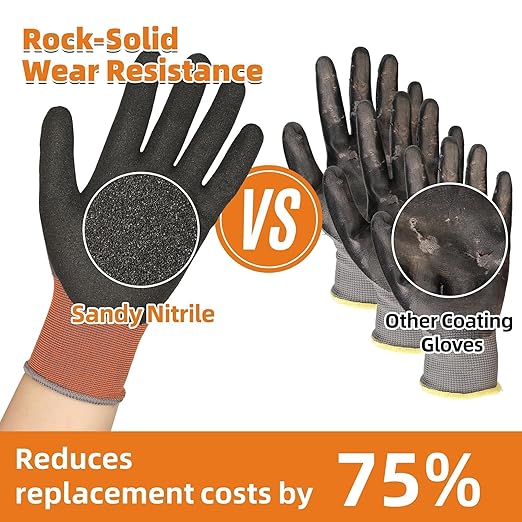 Schwer 6 Pairs Safety Work Gloves with Sandy Nitrile Coating LT5626, Max Abrasion Resistance Heavy Duty Gloves with Grip for Men and Women, Ideal for General Use, Mechanic, Construction, Gardening, M
