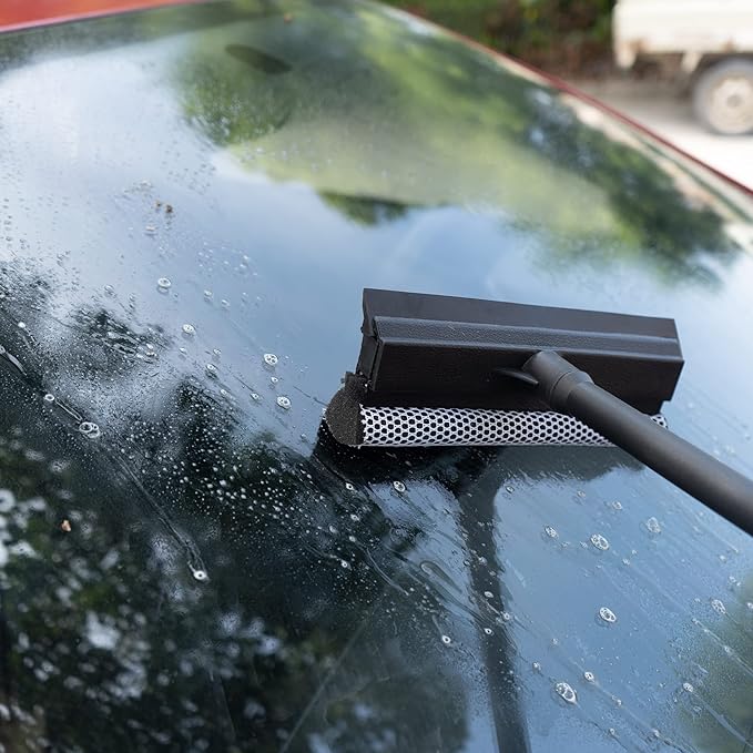 Matthew All Purpose Window Squeegee w/Premium Microfiber Cloth,Car Squeegee Windshield Cleaning Sponge and Rubber Squeegee,2-in-1 Window Cleaner Sponge(8'') and Soft Rubber with Pole 20''(1Pack)