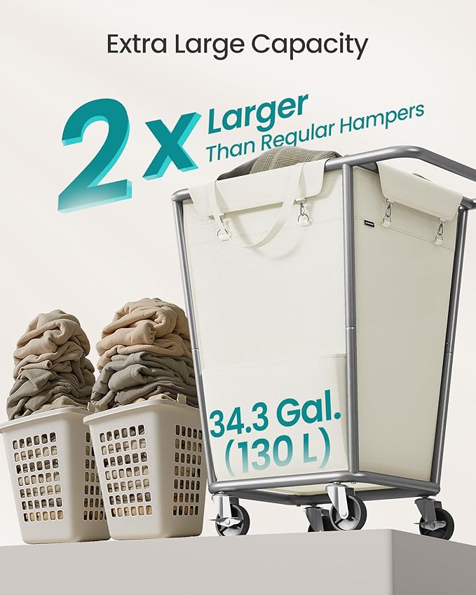 SONGMICS Laundry Basket with Wheels, 34.3 Gallons (130 L) Rolling Laundry Hamper with Removable Bag, Heavy-Duty Steel Frame with Handle, Cream White URLS008W01