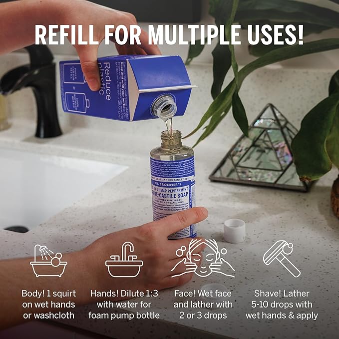Dr. Bronner's Pure-Castile Liquid Magic Soap Refill - Made with Regenerative Organic Certified Oils, 86% Less Plastic - 18-in-1 Uses for Face, Body Wash, Hand Soap Refill & More - Peppermint, 32oz
