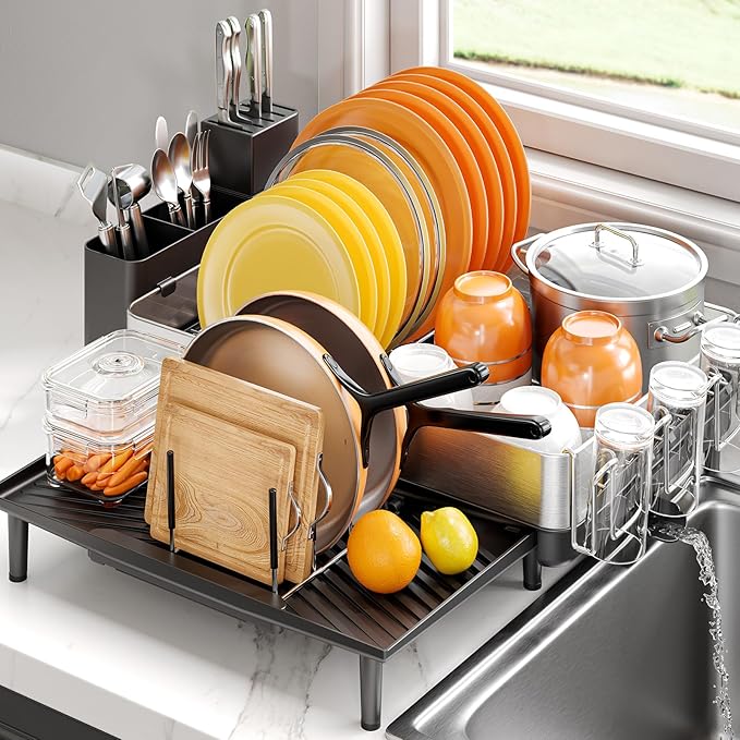 Expandable Dish Drying Rack for Kitchen Counter, 304 Stainless Steel Dish Rack, Multi-Function Dish Drainer, Large Dish Strainer with Cup Holder, Cutlery Holder, Extendable Large Size Silver