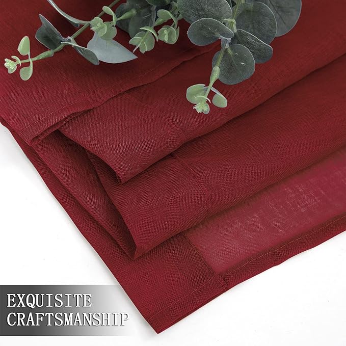 Tollpiz Sheer Curtains Linen Textured Bedroom Curtain Sheers Light Filtering Rod Pocket Voile Curtains for Living Room, 54 x 63 inches Long, Burgundy Red, Set of 2 Panels