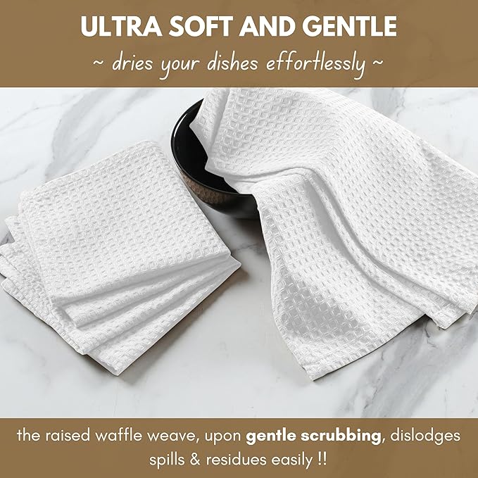 Native Fab Cotton Kitchen Towel with Hanging Loop 16x26 inches, 6-Pack, Waffle Weave Kitchen Towels for Cleaning Drying, Washcloths Soft & Absorbent Cloth Rags, Bar Towel, Dish Cloth, White
