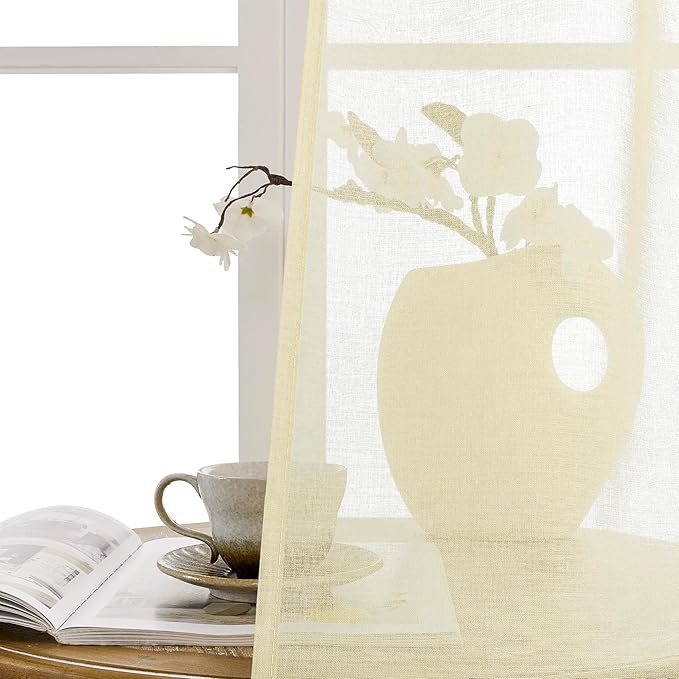 Tollpiz Sheer Door Curtain Closet Linen Textured Curtain Sheers Doorway Light Filtering Voile French Door Rod Pocket Curtains Patio Door, 25 x 80 inches Long, Transparent Yellow, Set of 1 Panel