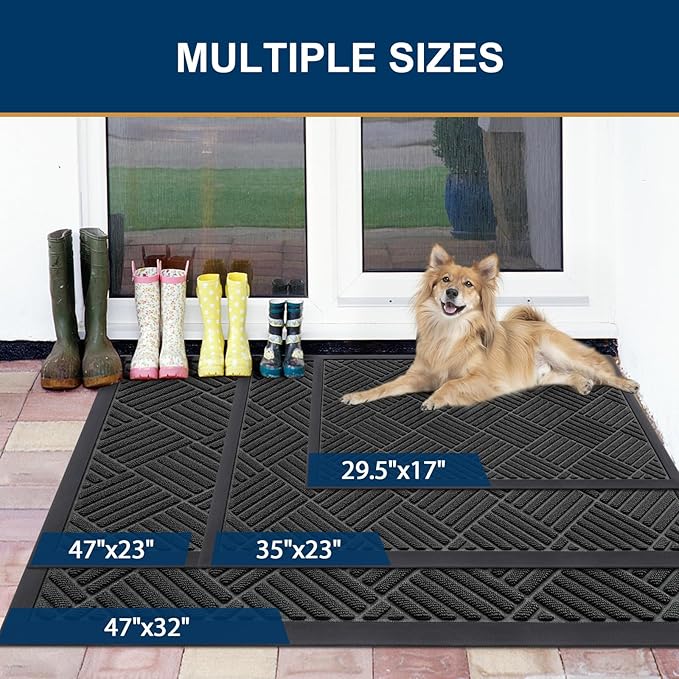 Smiry Front Door Mat Outside Entrance, Heavy Duty Outdoor Indoor Natural Rubber Doormat, Non Slip, Trap Dirt and Moisture, Easy Clean, Low Profile Patio Porch Entryway Mat, 71x23, Black