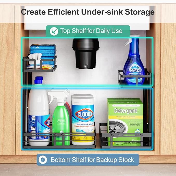 iSPECLE Under Kitchen Sink Organizer - 2 Tier Pull Out Under Sink Organizer Expandable Width Add Storage Space, Adjustable Height Easy Get Items without Digging, No Drilling Under Sink Storage