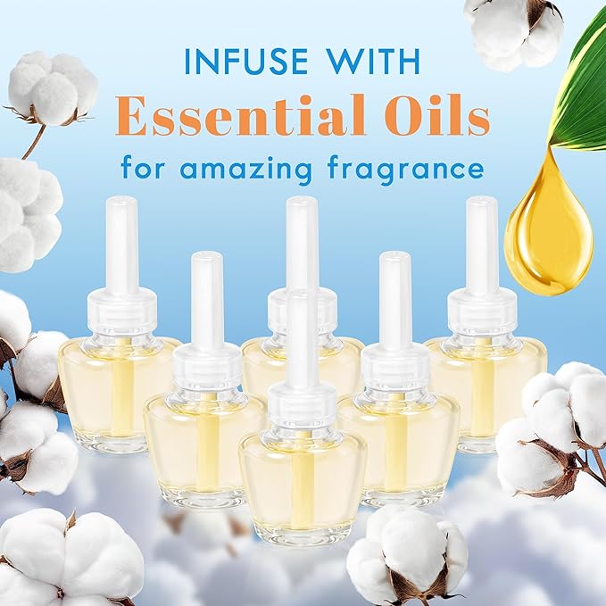 LASENTEUR Plug in Scented Oil Refill, 6 ct, Cotton Scent Long-Lasting Natural Fragrance for Home, Bathroom Bedroom Office, Compatible with Airwick, Compatible with Glade