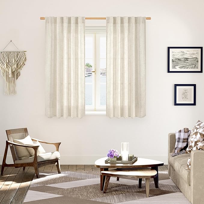 YoungsTex Linen Curtains 48 Inch Length for Kitchen, Semi Sheer Cream Window Drapes with Rod Pocket Back Tab Light Filtering Textured for Living Room Bedroom Bathroom, 2 Panels, 42 X 48 Inch