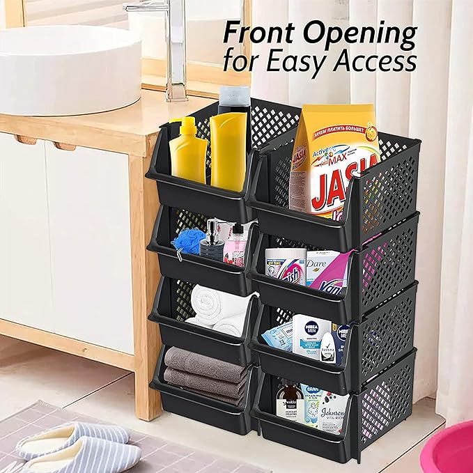 Skywin Plastic Stackable Storage Bins for Pantry - Stackable Bins for Organizing Food, Kitchen, and Bathroom Essentials (Black - 50 Pack)