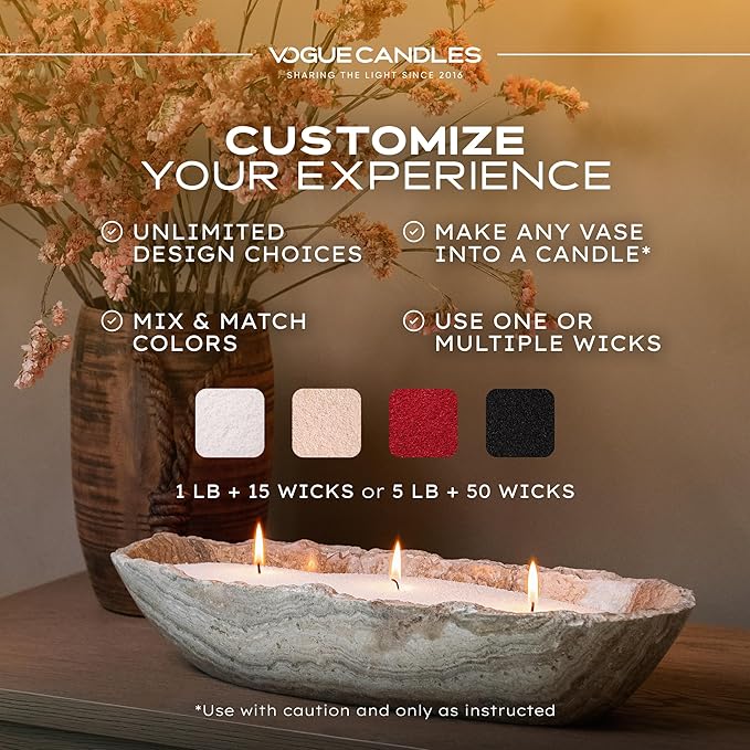 Vogue Candles 5LB Candle Sand with 50 Wicks | Bulk Refillable Plant-Based Granules for Custom Candle Making | Unscented, Clean Burn, Smoke-Free, Vegan Candle Refill Kit- Red