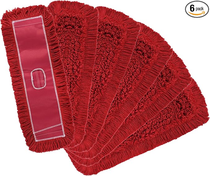 Matthew Cleaning 24'' Industrial Strength Cotton Dust Mop Refill Washable Replacement Heads for Residential & Commercial Use Fit Standard Dust Mop Frames, Hardwood,Concrete Floors Red 6 Pack