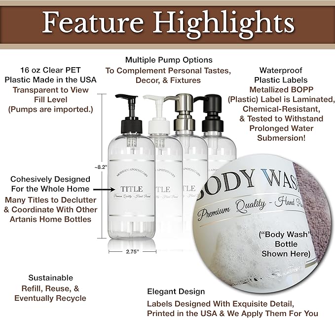 Clear Refillable Shampoo and Conditioner Bottles - Body Wash, Shampoo and Conditioner Dispenser - PET Plastic Shampoo Bottles Refillable with Pump - Waterproof Labels - 16 oz, 3 Pack (Stainless Steel)