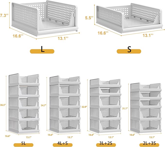 Proarea 5 Pack Stackable Plastic Storage Basket Closet Organizer Bin Foldable Clothes Organizer Storage Drawer Shelf Container for Living room Bathroom Kitchen Office (3L+2S)