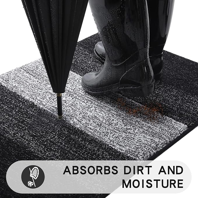 Kitinjoy Indoor Outdoor Door Mat, 71x24 Non-Slip Absorbent Dirt Trapper, Low-Profile Washable Inside Entrance Front Floor Mat, Sturdy Soft Entry Doormats for Entryway, Black