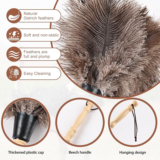 Ostrich Feather Duster 14" Natural Handheld Reusable Feathers Dusters with Wooden Handle for Cleaning Supplies Home Car Office(3PCS)