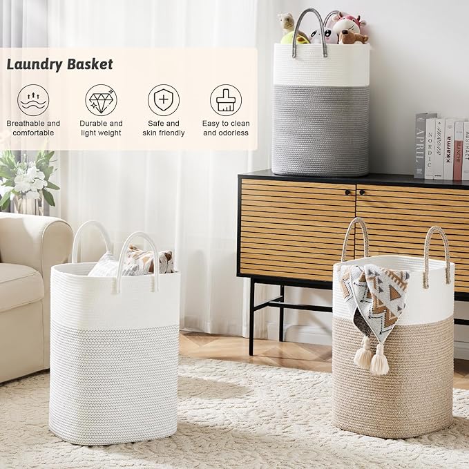Laundry Basket,Woven Cotton Rope Laundry Hamper,Versatile Storage for Dirty Clothes,Baby Toys,and Blankets in Bathroom, Nursery,and Living Room (Grey, 80L)