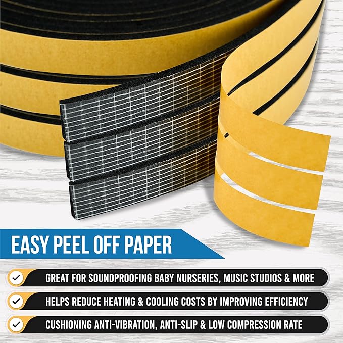 High Density Foam Weather Stripping Door Seal Strip Insulation Tape Roll for Insulating Door Frame, Window, Air Conditioner | Self Adhesive Sealing Weatherstrip (Black, 1 in 3/4 in x 13 Ft)