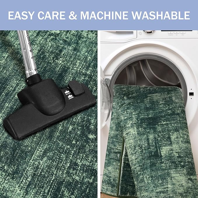 IOHOUZE Abstract Runner Rug 2x5 Ft Washable Runners for Hallways, Non Slip Kitchen Runner Printed Faux Wool Entryway Runner Indoor, Modern Abstract Floor Carpet for Hall Kitchen Bedroom, Dark Green