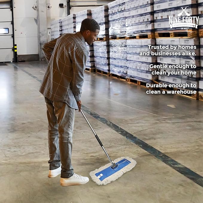Nine Forty 48" Premium Cotton Dust Mop Kit - Heavy Duty Mop Head with Handle for Industrial, Commercial, and Residential Cleaning - Dry Floor Duster for Hardwood Surfaces - White