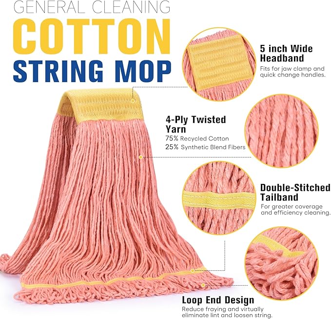 Matthew Cleaning Commercial Mop Head Replacement, 5 Inch Wide Headband, Looped End Cotton Blend String Wet Mops for Floor Cleaning, 18 oz Medium, 1-Pack Orange