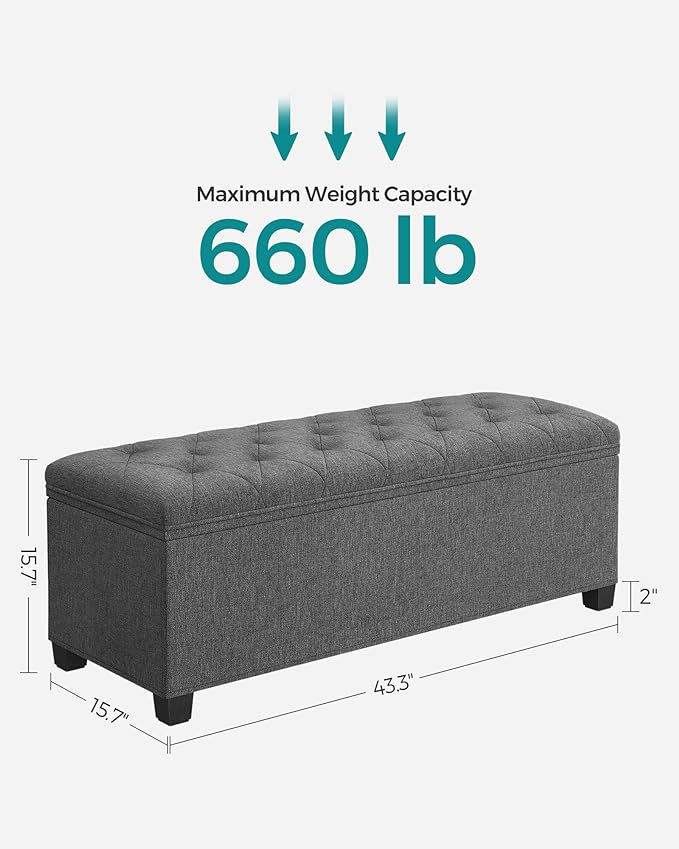 SONGMICS Storage Ottoman Bench, Foot Rest with Legs, 15.7 x 43.3 x 15.7 Inches, End of Bed Bench, Storage Chest, Load up to 660 lb, for Living Room, Bedroom, Entryway, Dark Gray ULSF088G01