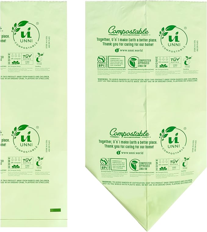 UNNI Compostable Trash Bags, 13 Gallon / 49.2 Liter, 50 Count, Extra Thick 0.9 Mil Tall Kitchen Food Scrap Bin Liners, Certified by BPI, CMA & OK compost HOME, Meets the ASTM D6400 Standard