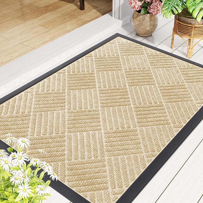 Smiry Front Door Mat Outside Entrance, Heavy Duty Outdoor Indoor Natural Rubber Doormat, Non Slip, Trap Dirt and Moisture, Easy Clean, Low Profile Patio Porch Entryway Mat, 59x35, Beige
