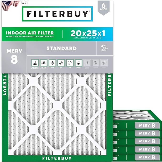 Filterbuy 20x25x1 Air Filter MERV 8 (MPR 700) Dust Defense Replacement (6-Pack), Electrostatic Pleated HVAC AC Furnace Filters, Made in USA (Actual Size: 19.50 x 24.50 x 0.75)