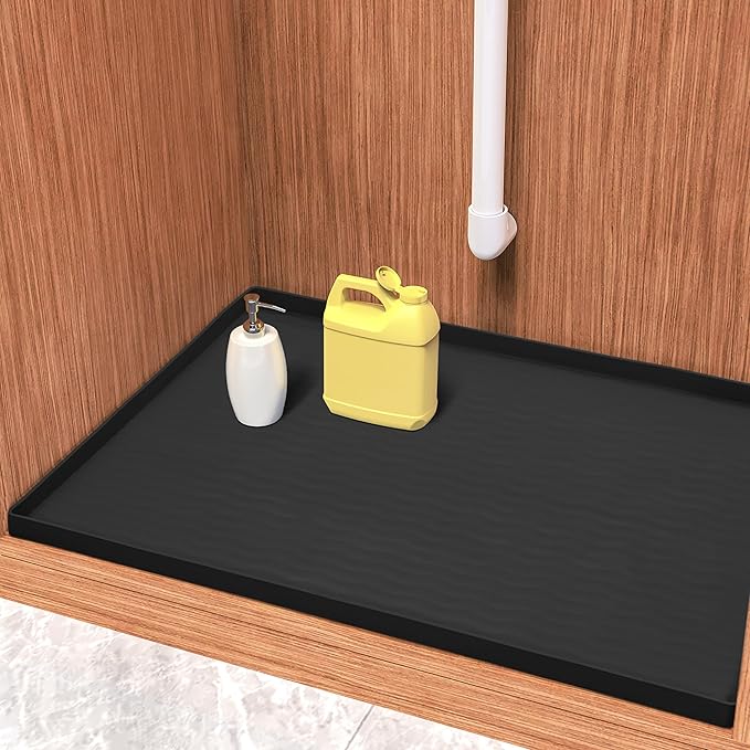 URMONA Waterproof Silicone Under Sink Mat 37'' x 22'' Shelf Liner for Kitchen and Bathroom, Cabinet and Counter Protector, Storage and Organizers, Litter Mat, Pet Cat Puppy Essentials(Black)