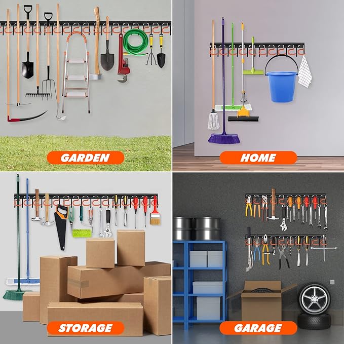 34'' All Metal Garden Tool Organizer Wall Mount Garage Organizers and Storage with Hooks Tool Hangers for Shed