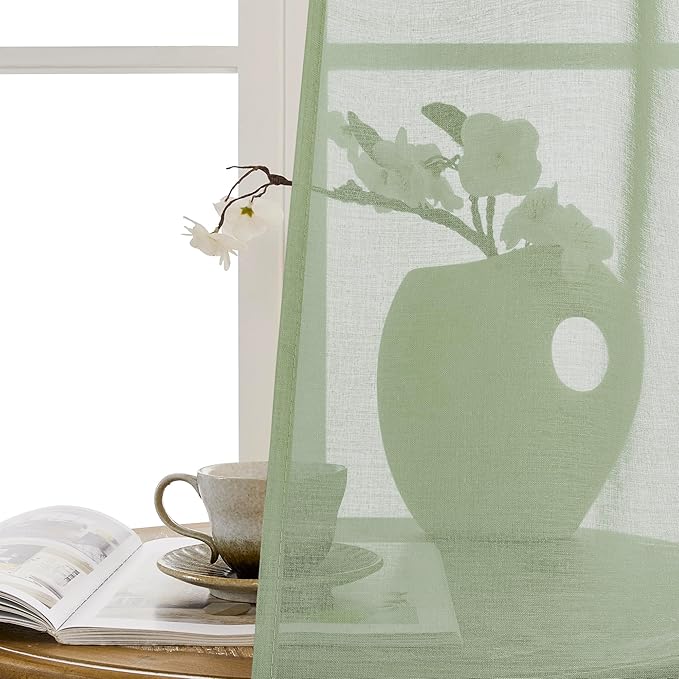 Tollpiz Sheer Door Curtains Closet Linen Textured Curtains Sheer Doorway Light Filtering Voile Rod French Door Pocket Curtain Patio Door, 25 x 72 inches Long, Sage Green, Set of 1 Panel