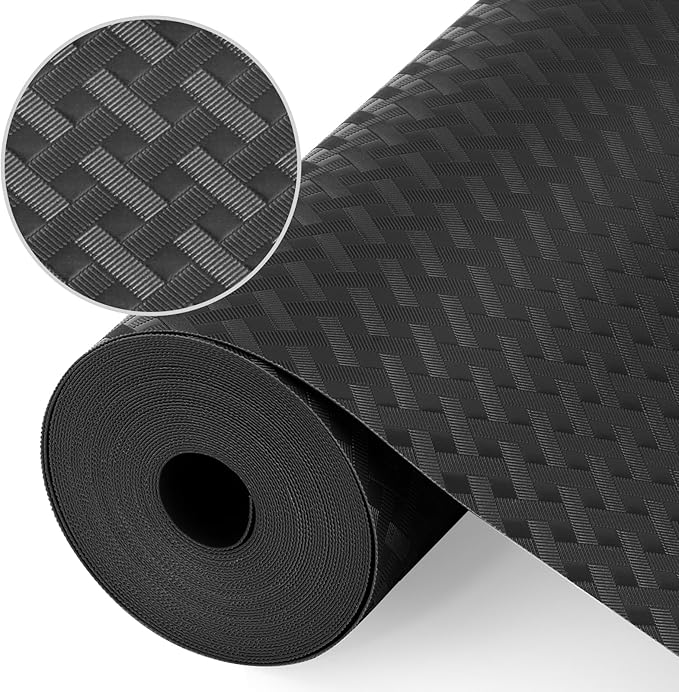 Shelf Liners, Non-Adhesive Drawer Liner, Waterproof & Oil-Proof Kitchen Cabinet Cupboard Liner Plastic EVA Material BPA Free Fridge Liner Mats Paper Protector for Shelves (Black/12in x 120in)