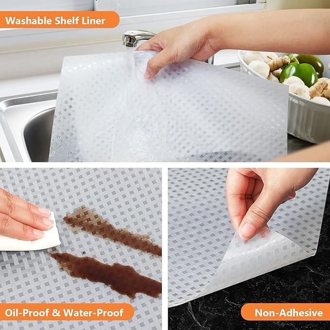 Shelf Liners for Kitchen Cabinets Refrigerator Liners Waterproof Kitchen Cupboard Liner Durable Plastic Drawer Mats EVA Material Non Adhesive Fridge Mats for Shelves - Clear 17.5 x 236.2 Inches