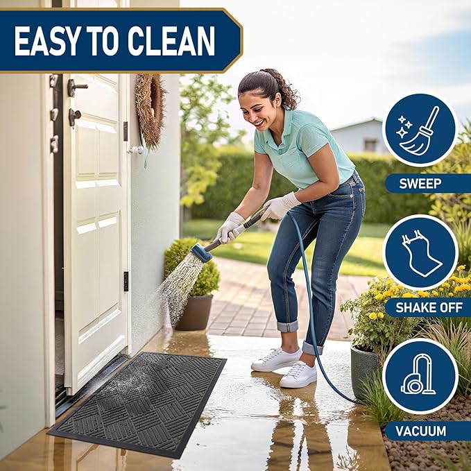 Smiry Front Door Mat Outside Entrance, Heavy Duty Outdoor Indoor Natural Rubber Doormat, Non Slip, Trap Dirt and Moisture, Easy Clean, Low Profile Patio Porch Entryway Mat, 59x20, Grey