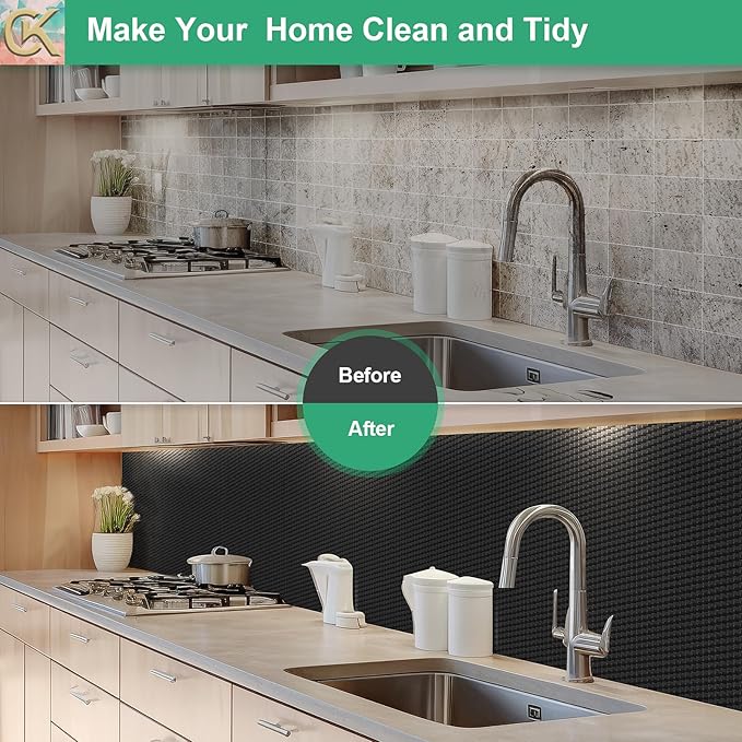 Self-Adhesive Shelf Liner Kitchen Liner, Waterproof Backed Paper Easy Peel and Stick Contact Liner Without Residue for Decor Your Desk Surface, Kitchen Countertops (Black, 17.5 x 236.2 inches)