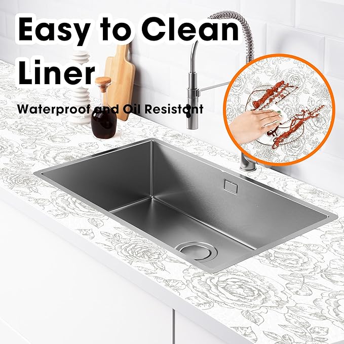 Drawer and Shelf Liner for Kitchen Cabinets Non-Adhesive, Non-Slip Cabinet Liner Shelf Paper Strong Grip Waterproof Easy to Clean for Kitchen Shelves Cupboard, Flower,17.5IN X 30FT