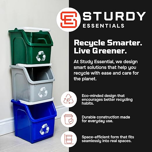 Multi Bin Recycling System with Six Stackable 6 Gallon Recycle Bins to Build Your Recycling Center for Offices, Kitchen, Garages, Businesses - (6 Pack, Blue/Grey)