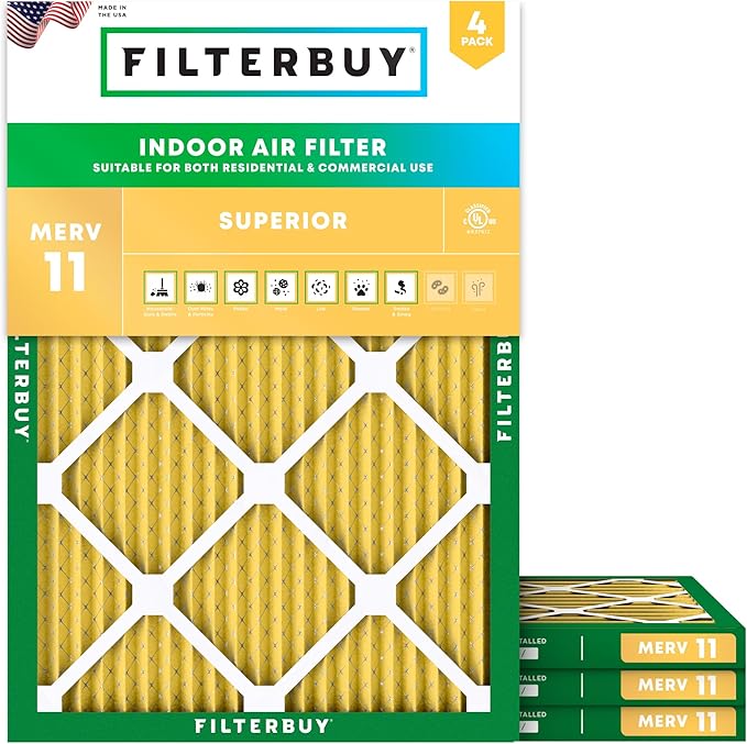 Filterbuy 16x22x1 Air Filter MERV 11 (MPR 1200) Allergen Defense Replacement (4-Pack), Electrostatic Pleated HVAC AC Furnace Filters, Made in USA (Actual Size: 15.50 x 21.50 x 0.75)