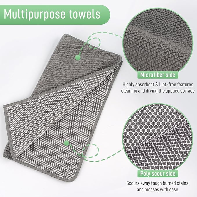 SINLAND Microfiber Dish Cloth Dish Rags for Washing Dishes Best Kitchen Cloths Cleaning Cloths with Poly Scour Side 12Inchx12Inch 20Pack Grey