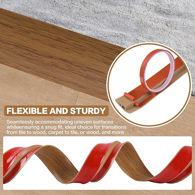 Floor Transition Strip Vinyl Door Threshold Ramp Self Adhesive Carpet Edging Strip Doorway Edge Trim, Overlap Edge Reducer for Laminate Carpet, Floor, Tile (Orange Oak, 3/5" to 4/5", 6.6Ft)
