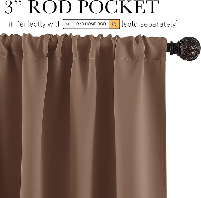 RYB HOME Small Window Curtains - Half Window Decor Blackout Shades for Living Room, Short Curtains for Cafe Shop Bathroom, 42 inches Wide x 36 inch Long, Mocha, 2 Panels