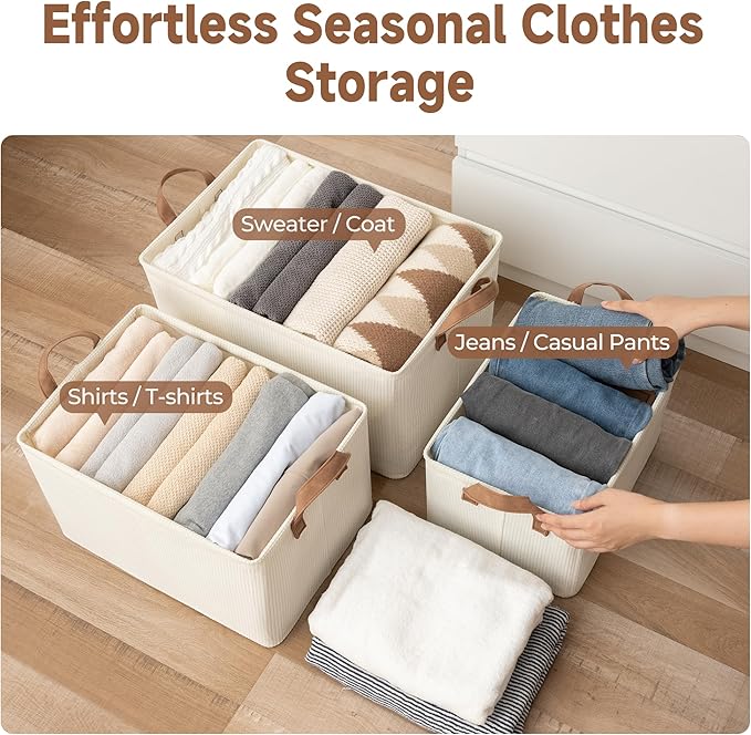 StorageWorks Storage Bins, Shelves Baskets for Organizing, Large Fabric Closet Organizers with Handles, Metal Frame, Beige（Texture）, 2-Pack