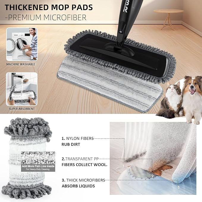 Microfiber Spray Mop for Floors Dry and Wet Mop with Dusting 360 Rotation for Kitchen, Hardwood, Laminate, Tile Floors Includes 6 Refill Heads, Scraper, Holder & Spray Bottle