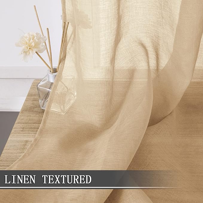 Tollpiz Sheer Curtain Linen Textured Living Room Curtains Sheer Light Filtering Rod Pocket Voile Curtain for Bedroom, 54 x 72 inches Long, Beige, Set of 2 Panels
